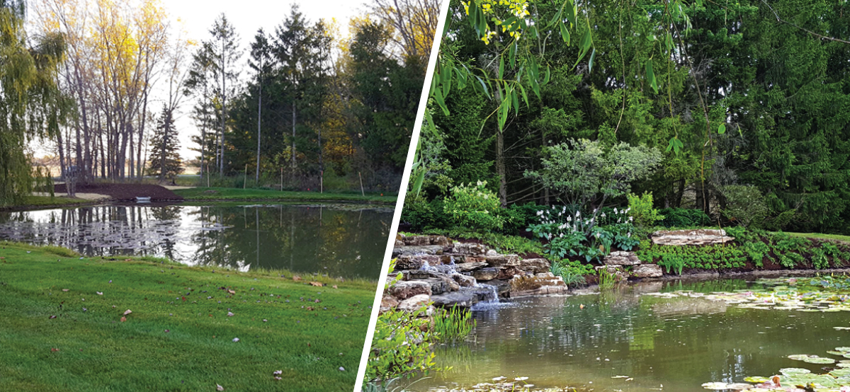 Before and After - Stone Waterfall with Landscaped Bank