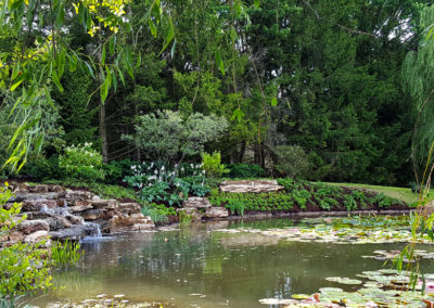 Stone waterfall with landscaped bank and pond - AFTER